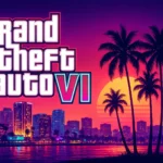 Un coucher de soleil vibrant et coloré projette une lueur chaude sur la silhouette de palmiers et d'une ligne d'horizon urbaine animée, créant un arrière-plan magnifique. Le logo emblématique de Grand Theft Auto VI est mis en avant, suggérant le monde dynamique et immersif que le jeu promet d'offrir.