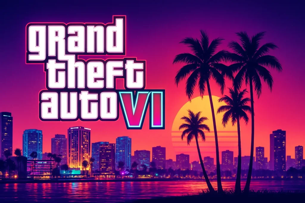 Un coucher de soleil vibrant et coloré projette une lueur chaude sur la silhouette de palmiers et d'une ligne d'horizon urbaine animée, créant un arrière-plan magnifique. Le logo emblématique de Grand Theft Auto VI est mis en avant, suggérant le monde dynamique et immersif que le jeu promet d'offrir.