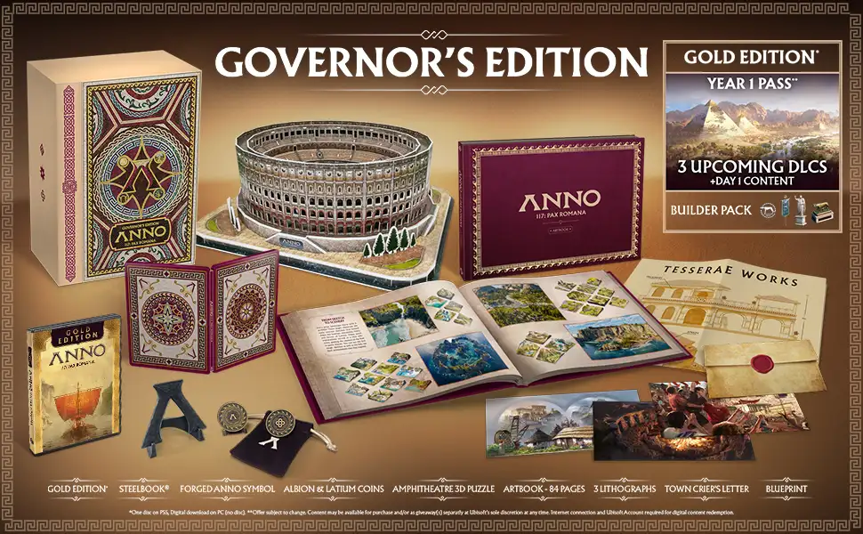 The Anno 1177 Governor's Edition includes a 3D puzzle, art book, coins, steelbook, and more.