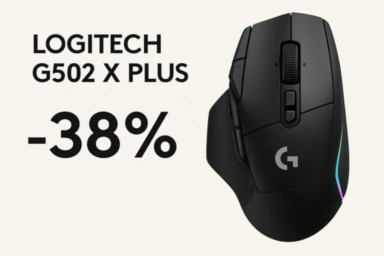 Souris gaming Logitech G502 X Plus affichée avec une réduction de 38 %.