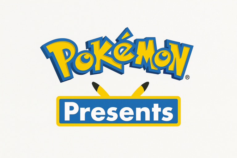 Le logo Pokémon avec le mot 'Presents' en bleu en dessous, accompagné des oreilles de Pikachu.