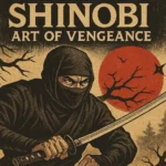 Un ninja furtif vêtu de noir se tient prêt à agir, une épée brillante à la main. Derrière lui, un soleil rouge éclatant illumine la scène, projetant des ombres dramatiques et accentuant sa silhouette. Autour du ninja, des silhouettes d'arbres se balancent doucement dans la brise, tandis que des étoiles de shuriken sont éparpillées sur le sol, suggérant un combat intense ou une séance d'entraînement. L'atmosphère est empreinte de tension silencieuse et de détermination concentrée.