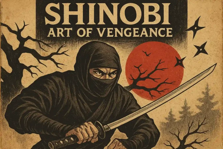 Un ninja furtif vêtu de noir se tient prêt à agir, une épée brillante à la main. Derrière lui, un soleil rouge éclatant illumine la scène, projetant des ombres dramatiques et accentuant sa silhouette. Autour du ninja, des silhouettes d'arbres se balancent doucement dans la brise, tandis que des étoiles de shuriken sont éparpillées sur le sol, suggérant un combat intense ou une séance d'entraînement. L'atmosphère est empreinte de tension silencieuse et de détermination concentrée.