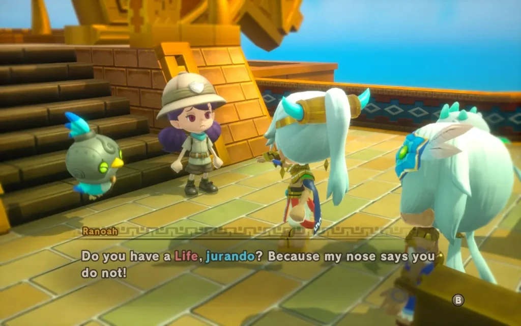 Quatre personnages se tiennent dans un décor coloré et animé, rempli de détails vibrants et dynamiques. Parmi eux, un personnage portant un chapeau et arborant des cheveux violets attire l’attention, gesticulant avec énergie tout en parlant. Les autres personnages semblent captivés, chacun affichant des expressions variées, ajoutant de la vie et de l’interaction à la scène.