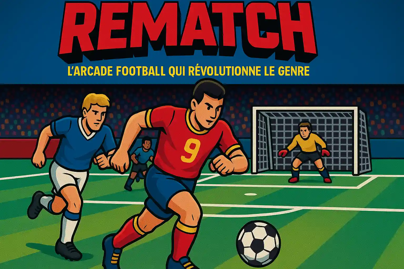 Deux joueurs de football dessinés en cartoon courent à toute vitesse sur un terrain vert et vibrant, leurs expressions pleines de détermination. L'un des joueurs est en plein mouvement, prêt à frapper le ballon avec précision en direction du but, tandis que l'autre sprinte juste derrière, tentant d’intercepter. En arrière-plan, le gardien reste attentif devant le filet, prêt à effectuer un arrêt alors que l'action se déroule.