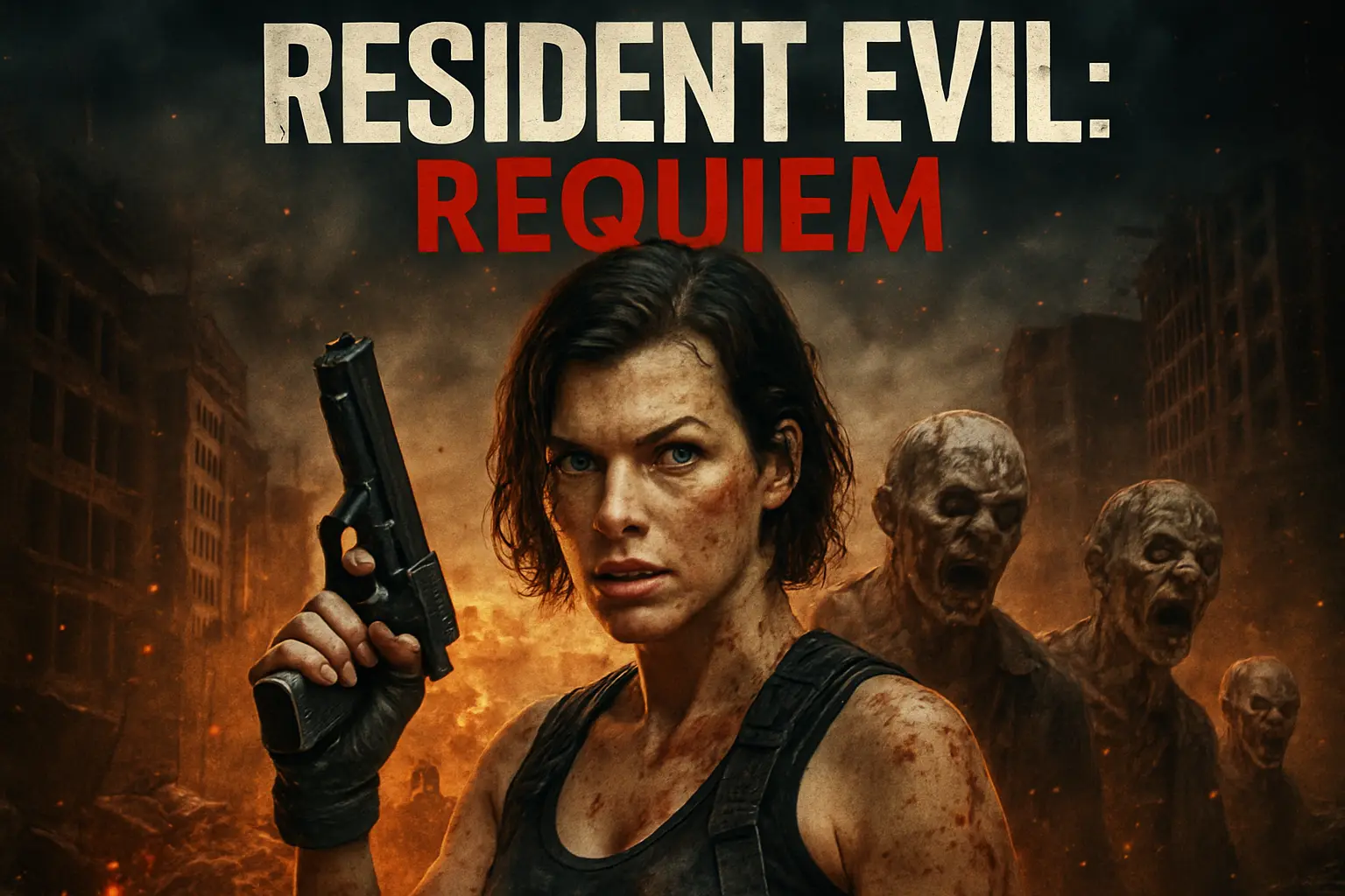 Une femme déterminée se tient debout, brandissant un pistolet avec une résolution inébranlable. Son visage est marqué de saleté, témoignant de nombreuses batailles livrées, et ses yeux brillent de détermination. Derrière elle, une horde de zombies émerge des ombres, leurs silhouettes grotesques enveloppées dans un air épais et fumant. La scène apocalyptique autour d'elle est chaotique, avec la lueur lointaine des incendies et des débris éparpillés au sol, mais elle reste impassible, prête à affronter tout ce qui l'attend.