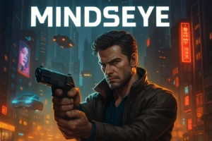 Un homme grand portant une veste en cuir usée se tient avec assurance au milieu d’un paysage urbain futuriste, son expression vive et déterminée. Il tient dans une main un pistolet high-tech élégant, dont la surface métallique brille sous l’éclat des lumières néon vibrantes. La ville autour de lui grouille de vie, avec des publicités holographiques scintillant dans l’air et le bourdonnement des voitures volantes résonnant au-dessus. Des ombres s’étirent sur les rues mouillées par la pluie, ajoutant une touche de mystère à la scène.