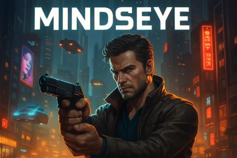 Un homme grand portant une veste en cuir usée se tient avec assurance au milieu d’un paysage urbain futuriste, son expression vive et déterminée. Il tient dans une main un pistolet high-tech élégant, dont la surface métallique brille sous l’éclat des lumières néon vibrantes. La ville autour de lui grouille de vie, avec des publicités holographiques scintillant dans l’air et le bourdonnement des voitures volantes résonnant au-dessus. Des ombres s’étirent sur les rues mouillées par la pluie, ajoutant une touche de mystère à la scène.
