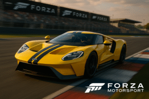 Une voiture de sport Ford GT jaune vif avec d'audacieuses bandes noires de course fonce sur une piste haute performance, son design élégant scintillant sous la lumière du soleil. Le logo emblématique de Forza Motorsport est affiché de manière bien visible, capturant l'excitation et la précision des courses compétitives.