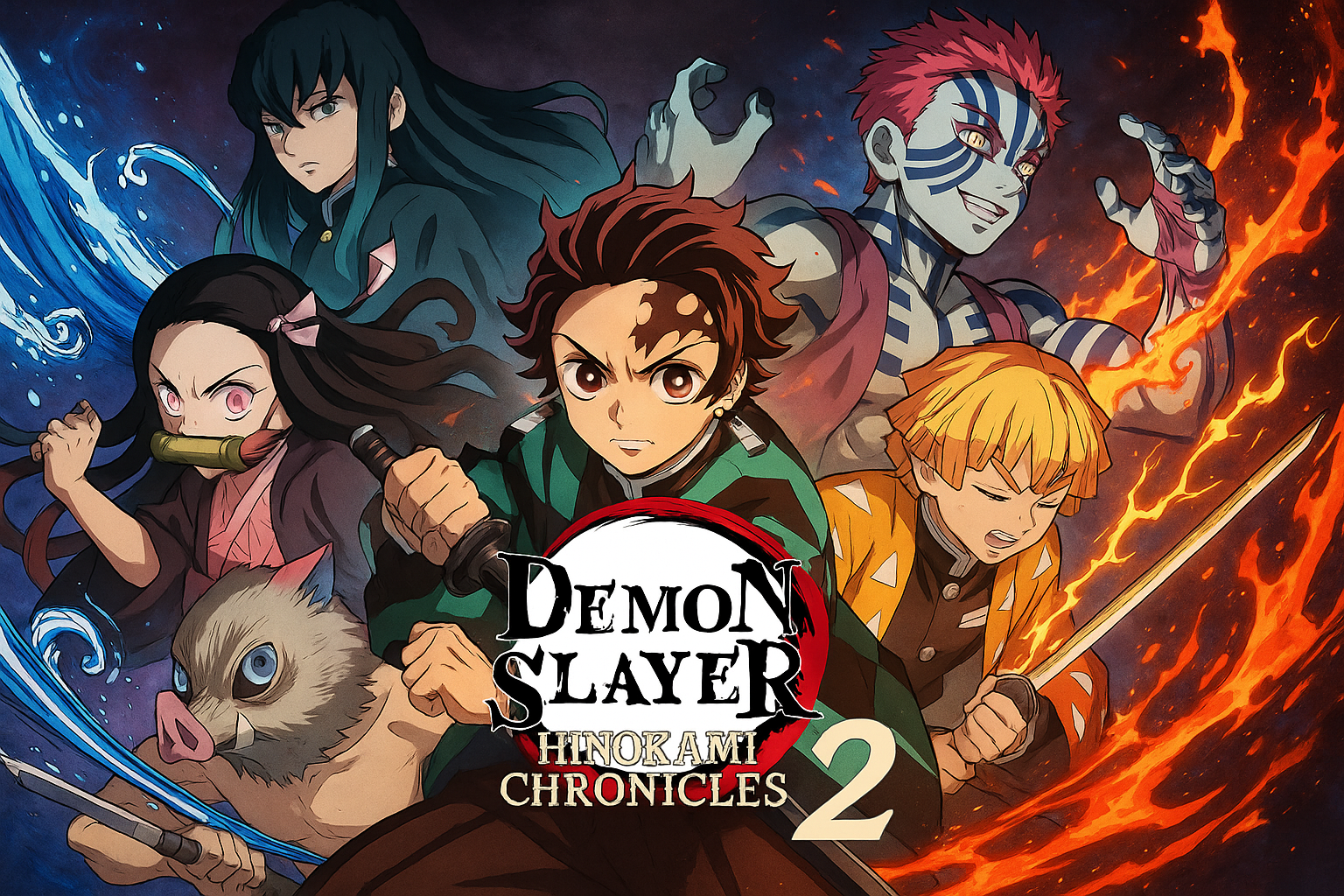 Les personnages de Demon Slayer: Hinokami Chronicles 2, y compris Tanjiro et Nezuko, apparaissent armés et prêts au combat avec leurs armes emblématiques. Le jeu met en valeur leurs styles de combat et capacités uniques, donnant vie à l'univers vibrant de Demon Slayer pour les fans et les joueurs.