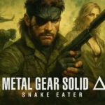 La jaquette de Metal Gear Solid: Snake Eater montre un soldat tenant fermement un pistolet, exprimant détermination et préparation à l'action. À ses côtés se tient une femme, ajoutant une touche d'intrigue et de profondeur à la narration. L'arrière-plan est rempli d'éléments militaires, notamment des motifs de camouflage et des touches subtiles d'un décor de jungle, reflétant les thèmes de survie et d'espionnage du jeu.