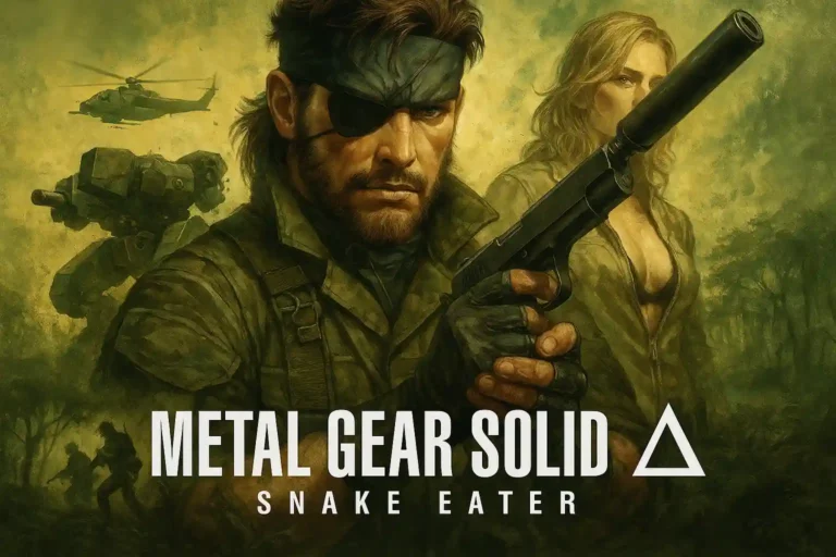 La jaquette de Metal Gear Solid: Snake Eater montre un soldat tenant fermement un pistolet, exprimant détermination et préparation à l'action. À ses côtés se tient une femme, ajoutant une touche d'intrigue et de profondeur à la narration. L'arrière-plan est rempli d'éléments militaires, notamment des motifs de camouflage et des touches subtiles d'un décor de jungle, reflétant les thèmes de survie et d'espionnage du jeu.