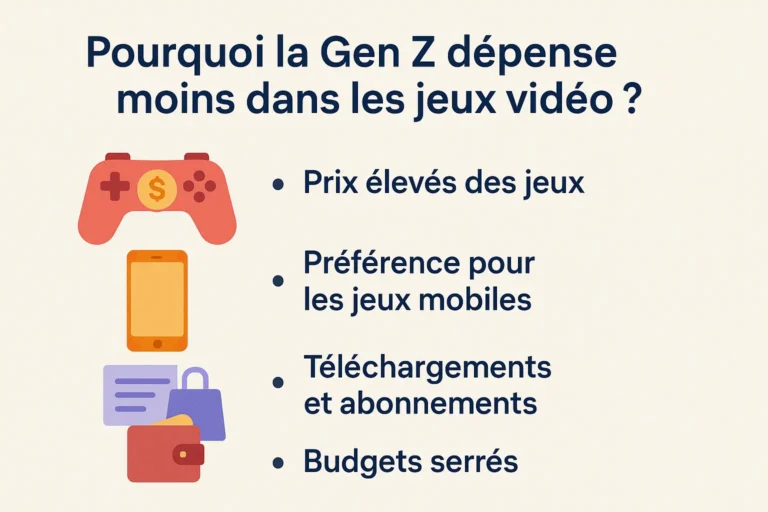 Graphique illustrant les raisons pour lesquelles la Gen Z dépense moins en jeux vidéo, avec des icônes représentant une manette, un téléphone et un porte-monnaie. Le graphique met en lumière des facteurs comme les budgets plus serrés, une préférence pour les jeux gratuits ou mobiles, et un changement dans les priorités de dépenses.