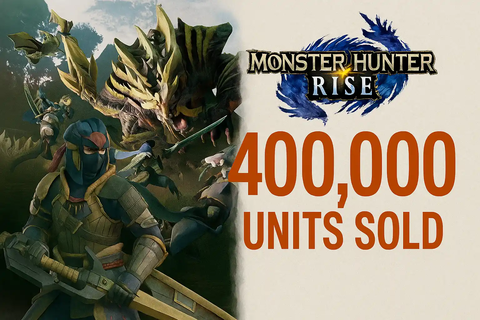 Un courageux guerrier saisit son épée, prêt pour le combat, tandis qu’un énorme et redoutable monstre se dresse menaçant derrière lui. La chasse commence ! Monster Hunter Rise a conquis le cœur des joueurs du monde entier, avec 400 000 unités vendues, mettant en avant son gameplay palpitant et son univers captivant.