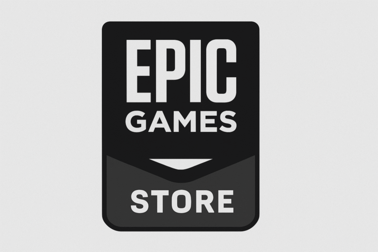 Un logo noir avec les mots EPIC GAMES STORE en majuscules blanches et en gras, conçu dans une police moderne et épurée. Le logo reflète la simplicité et le professionnalisme, représentant l'identité de marque de la plateforme de jeux en ligne.