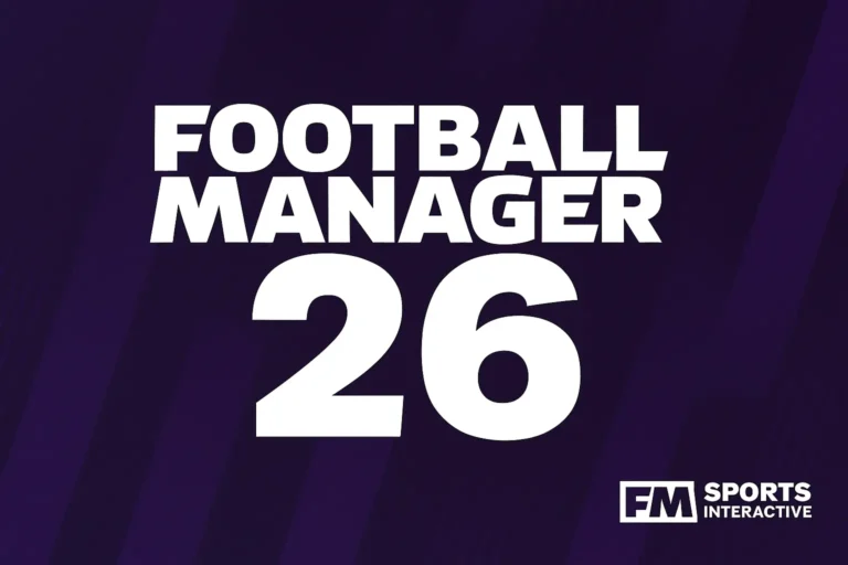 Le logo de Football Manager 26 présente un texte blanc audacieux qui se distingue nettement sur un arrière-plan violet foncé élégant, créant un design épuré et moderne. Le contraste met en valeur l'attrait professionnel et dynamique du logo, parfait pour refléter l'essence du jeu.