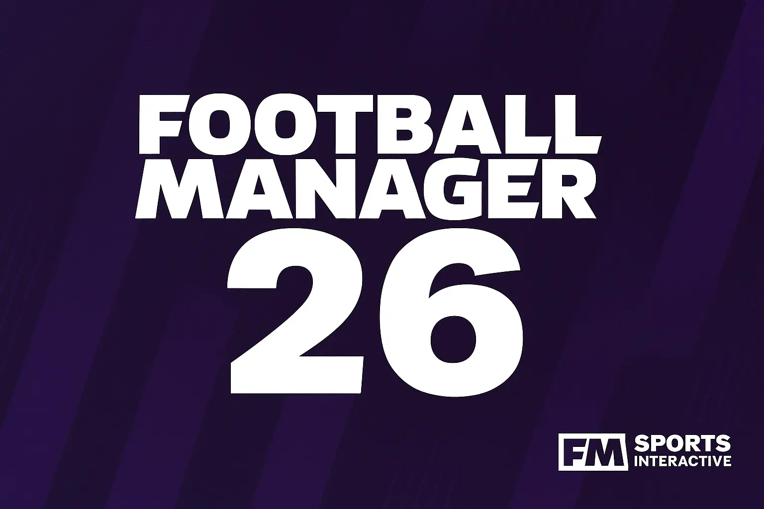 Le logo de Football Manager 26 présente un texte blanc audacieux qui se distingue nettement sur un arrière-plan violet foncé élégant, créant un design épuré et moderne. Le contraste met en valeur l'attrait professionnel et dynamique du logo, parfait pour refléter l'essence du jeu.