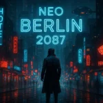 Une personne en long manteau se tient au milieu d'une rue de la ville néonique appelée 'Neo Berlin 2087,' entourée de gratte-ciels imposants éclairés par des lumières vibrantes. L'air est chargé d'une légère brume qui reflète le kaléidoscope d'enseignes lumineuses faisant la publicité de produits et services futuristes. La rue est animée par un bourdonnement d'activité : des véhicules flottants filent au-dessus, et des conversations lointaines se mêlent au son rythmique de la pluie frappant le trottoir. Le manteau de la figure flotte légèrement dans la brise alors qu'elle observe le paysage urbain animé, éclairé par l'éclat surréaliste des reflets néon tout autour.