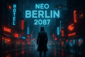 Une personne en long manteau se tient au milieu d'une rue de la ville néonique appelée 'Neo Berlin 2087,' entourée de gratte-ciels imposants éclairés par des lumières vibrantes. L'air est chargé d'une légère brume qui reflète le kaléidoscope d'enseignes lumineuses faisant la publicité de produits et services futuristes. La rue est animée par un bourdonnement d'activité : des véhicules flottants filent au-dessus, et des conversations lointaines se mêlent au son rythmique de la pluie frappant le trottoir. Le manteau de la figure flotte légèrement dans la brise alors qu'elle observe le paysage urbain animé, éclairé par l'éclat surréaliste des reflets néon tout autour.