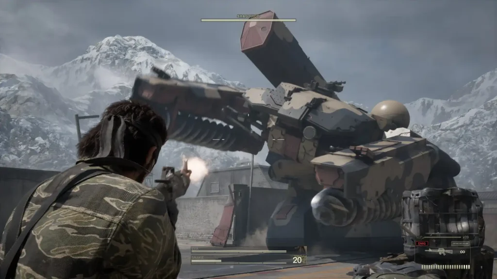 Un personnage solitaire se tient fermement dans un décor de montagne enneigée, pointant une arme vers un gigantesque robot mécanique. Le vent glacial hurle autour d'eux, la neige tourbillonnant dans les airs tandis que la tension monte. Les yeux lumineux du robot transpercent la tempête, sa structure massive recouverte d'engrenages complexes et d'une armure, tandis que la posture déterminée du personnage suggère qu'il est prêt pour le combat de sa vie.