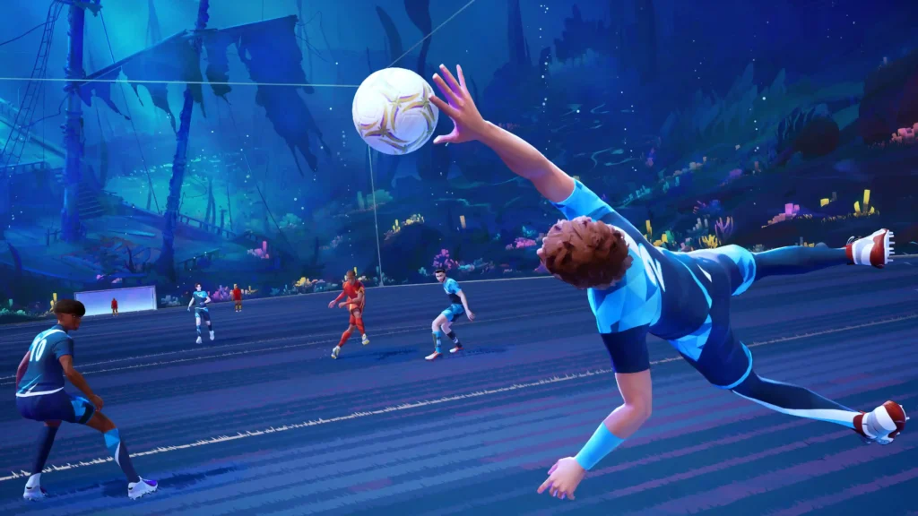 Un gardien de but effectue un plongeon spectaculaire pour attraper le ballon dans un match de football vibrant sous l'eau. La scène est remplie de détails colorés, tandis que les joueurs en uniformes bleu vif et rouge se déplacent gracieusement dans l'eau, créant des ondulations à chaque coup de pied. Le ballon lumineux tourbillonne entre eux, ajoutant une touche supplémentaire d'excitation à cet environnement aquatique unique.